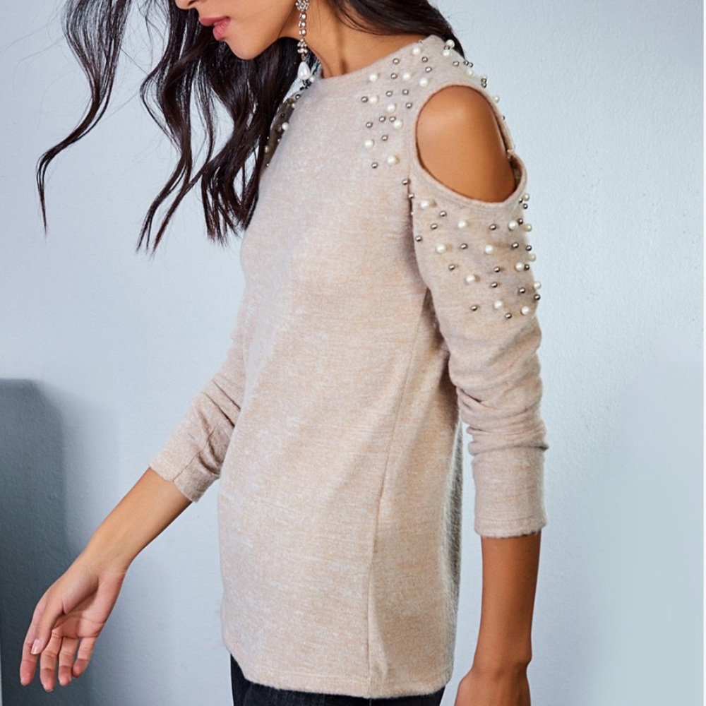 Pearl detail cold shoulder top